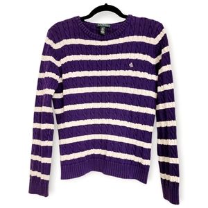 RALPH LAUREN Cotton Stripped Cable-Knit Sweater, Large, Purple/White